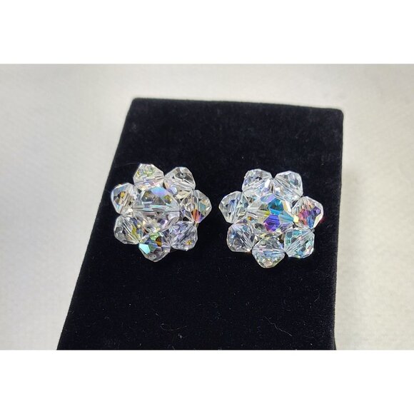Aurora Borealis Crystal Cluster Clip On Earrings Vintage Mid 1900's - Picture 2 of 9